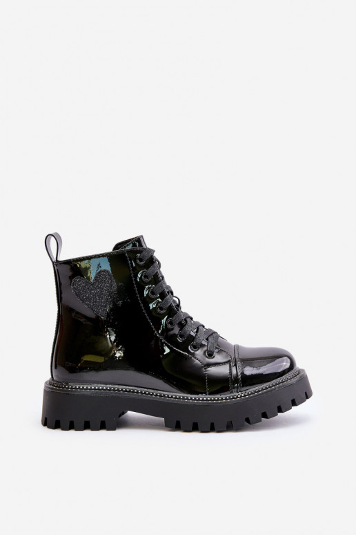 mit Lackeffekt Damenstiefel Zum Schloss Mit Dekorationen mit Herzenm schZuarze Farbe Obeena