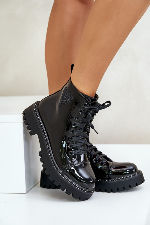 mit Lackeffekt Damenstiefel Zum Schloss Mit Dekorationen mit Herzenm schZuarze Farbe Obeena