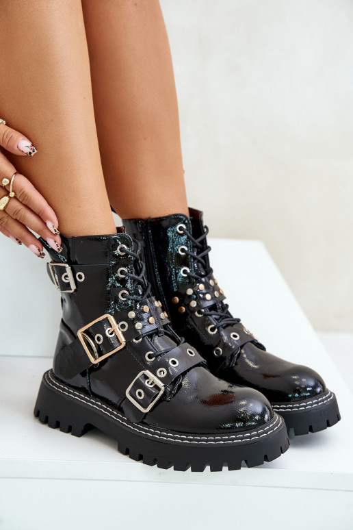 mit Lackeffekt Arbeitsstiefeletten mit Schnallen schZuarze Farbe Serizia mit Lackeffekt Arbeitsstiefeletten mit Schnallen schZuarze Farbe Serizia