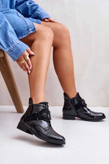 mit Lackeffekt Damenstiefel mit Ornamenten erwärmt S.Barski HY42-021 schwarze Farbe