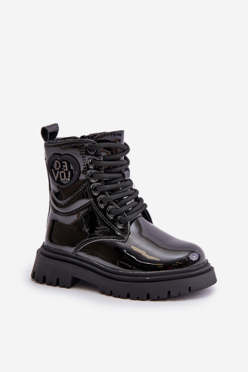 mit Lackeffekt Stiefel Kindisch sich Zuarm laufen mit Fell innen Zum Schloss schZuarze Farbe Evaliraea