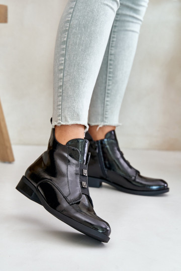 mit Lackeffekt Warme Stiefel zum Schloss mit breiten Absätzen S.Barski HY42-717 schwarze Farbe 2