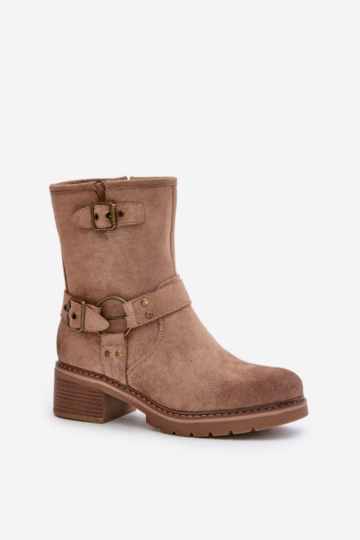 Damenstiefel Auf niedrigem Absatz mit Schnallen Beige Zudra
