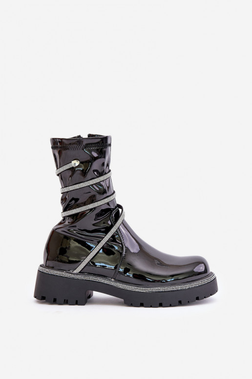 mit Lackeffekt Stiefel Mit Dekoration schZuarze Farbe Kikizelle