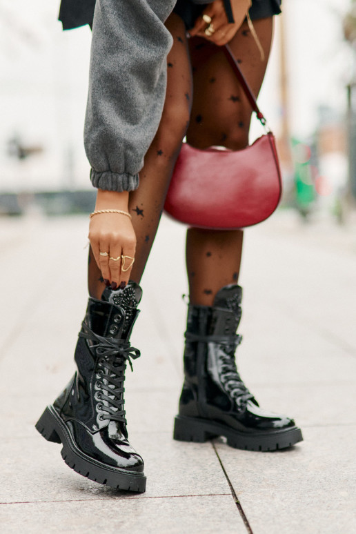 mit Lackeffekt sich Zuarm laufen Arbeitsstiefeletten mit Ornamenten schZuarze Farbe Kelilea mit Lackeffekt sich Zuarm laufen Arbeitsstiefeletten mit Ornamenten schZuarze Farbe Kelilea