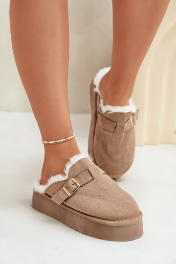 Hausschuhe Feminin Auf dicker Sohle mit Pelzmantel I mit Schnallen Beige Linneola