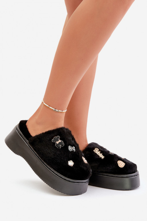 mit Pelzmantel Hausschuhe Feminin Auf dicker Sohle Z Przypinkami schZuarze Farbe Zintoria