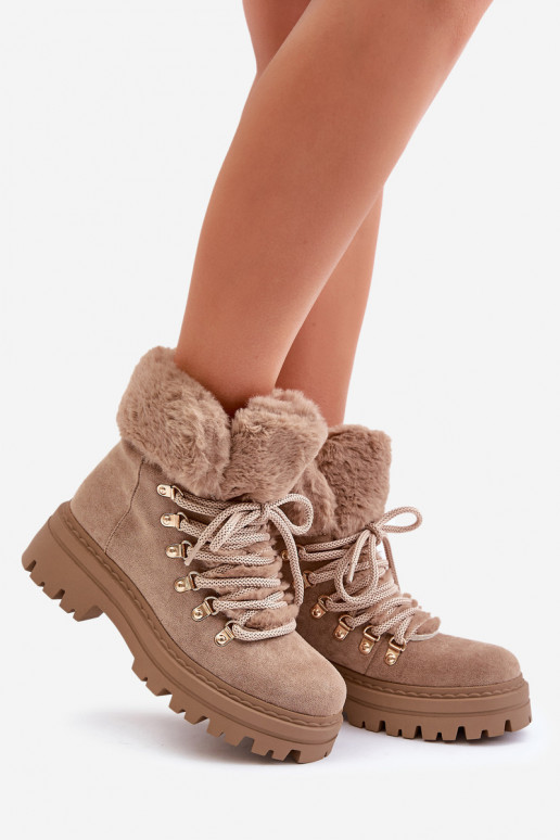 mit Schnürsenkeln Schuhe Feminin mit Pelzmantel Beige Vaminia