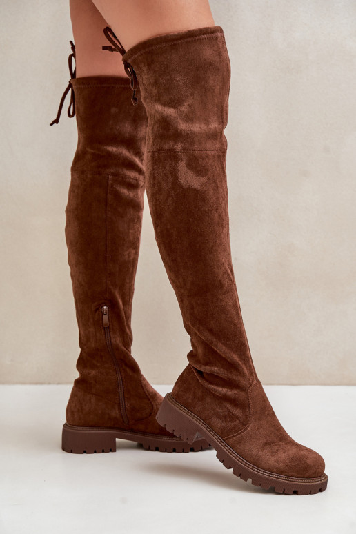 Stiefel oberhalb des Knies mit breiten Absätzen Z aus Öko-INildlederu braune Farbe Arkelia Stiefel oberhalb des Knies mit breiten Absätzen Z aus Öko-INildlederu braune Farbe Arkelia