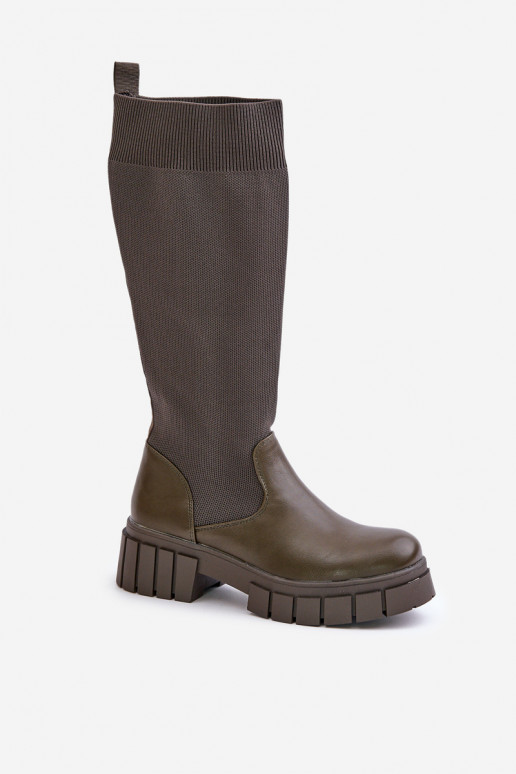 Stiefel Mit flexibler Oberseite mit breiten Absätzen Khaki-Farbe-Farbe Mesidra Stiefel Mit flexibler Oberseite mit breiten Absätzen Khaki-Farbe-Farbe Mesidra