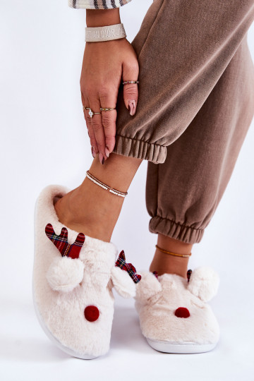 Damen-Hausschuhe Christmas mit Fell und Rentieren in Creme Clarie