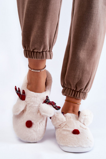 Damen-Hausschuhe Christmas mit Fell und Rentieren in Creme Clarie 2