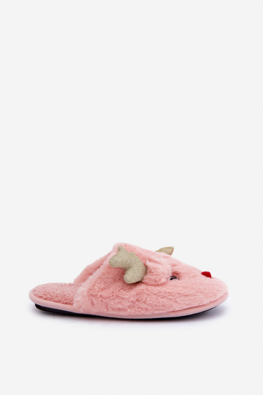 Weihnachtsschlappen mit Rentier-Motiv und Fellbesatz in rosa Ausführung von Asielle
