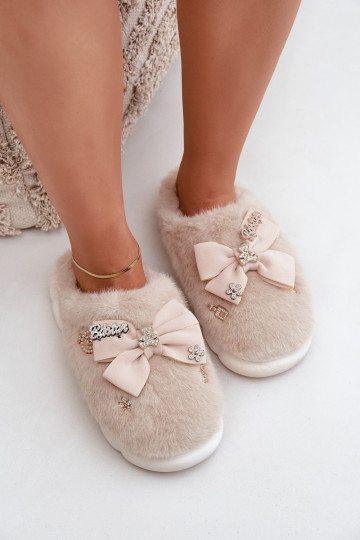 mit Pelzmantel Hausschuhe mit Bändern I Przypinkami Beige Annalira
