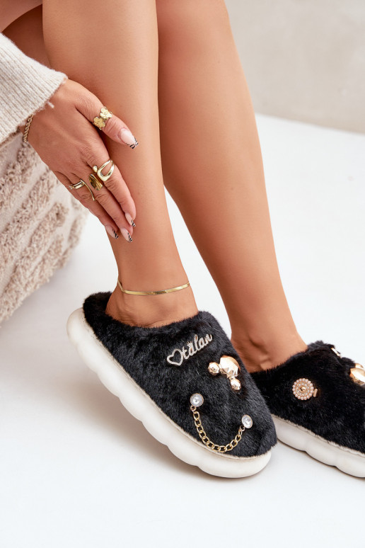 mit Pelzmantel Hausschuhe Z Przypinkami schZuarze Farbe Ivelfedi