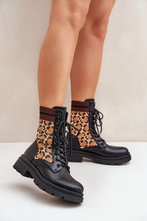 Arbeitsknöchelstiefel für Damen mit Sockenartigem Schaft und Leopardenmuster in Schwarz Penthis