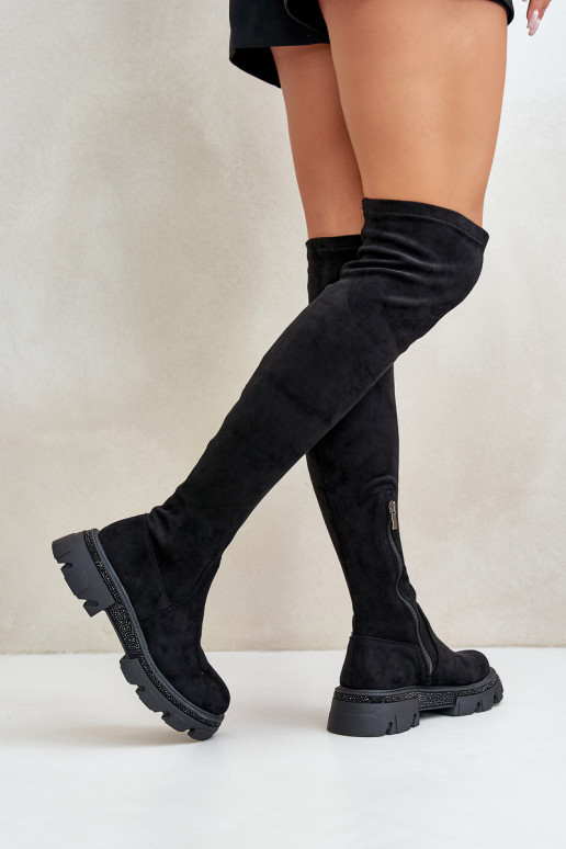 Damen kniehohe Stiefel aus schwarzem... Damen kniehohe Stiefel aus schwarzem...