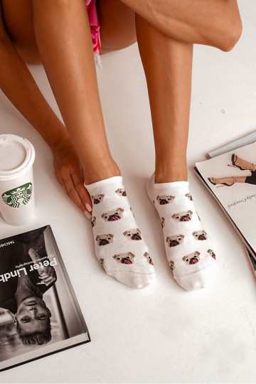 Damen Baumwollsocken mit Mopshunden Ecru