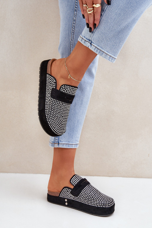 Damenhausschuhe Dekoriert Cyrkoniami mit einer Plattform schZuarze Farbe Deorani