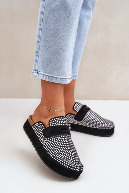 Damenhausschuhe Dekoriert Cyrkoniami mit einer Plattform schZuarze Farbe Deorani