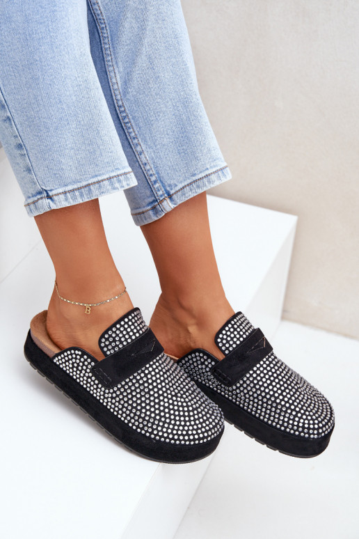 Damenhausschuhe Dekoriert Cyrkoniami mit einer Plattform schZuarze Farbe Deorani