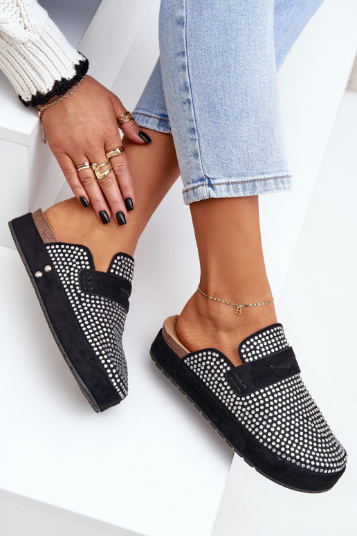 Damenhausschuhe Dekoriert Cyrkoniami mit einer Plattform schZuarze Farbe Deorani