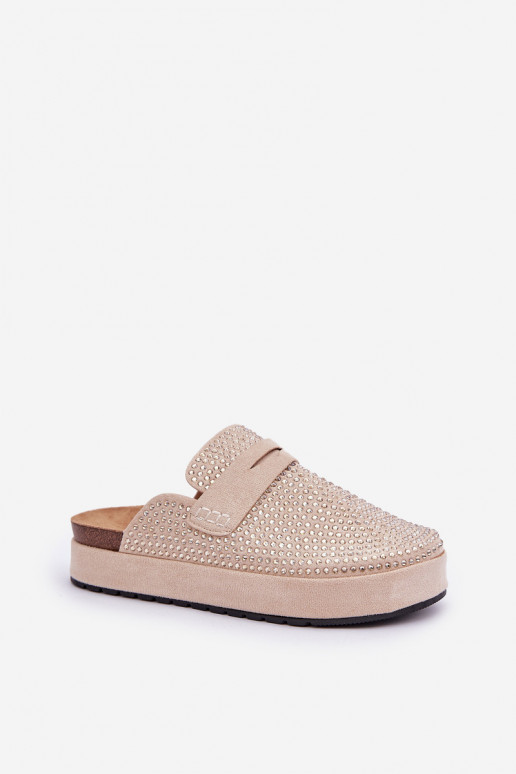 Damenhausschuhe Dekoriert Cyrkoniami mit einer Plattform Beige Deorani