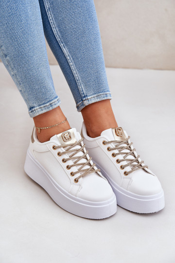 Sneakers Stilvollllschuhe mit einer Plattform Mit Dekorationeni SznuróZukami INeiß-goldene Farbe Fonetha
