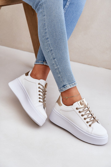 Sneakers Stilvollllschuhe mit einer Plattform Mit Dekorationeni SznuróZukami INeiß-goldene Farbe Fonetha 2