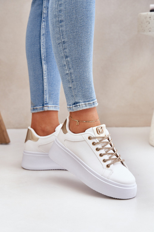 Sneakers Stilvollllschuhe mit einer Plattform Mit Dekorationeni SznuróZukami INeiß-goldene Farbe Fonetha Sneakers Stilvollllschuhe mit einer Plattform Mit Dekorationeni SznuróZukami INeiß-goldene Farbe Fonetha