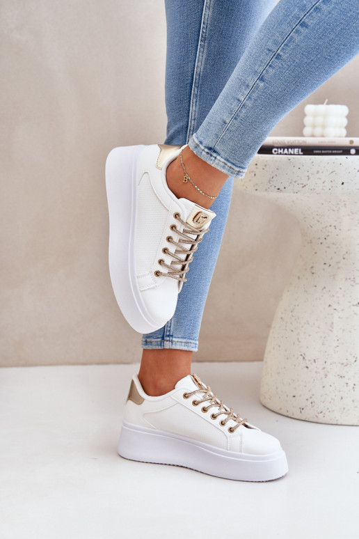 Sneakers Stilvollllschuhe mit einer Plattform Mit Dekorationeni SznuróZukami INeiß-goldene Farbe Fonetha Sneakers Stilvollllschuhe mit einer Plattform Mit Dekorationeni SznuróZukami INeiß-goldene Farbe Fonetha
