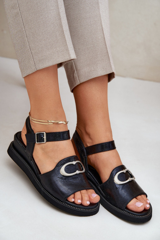 Lackierte Sandalen für Damen mit einer Plattform mit Ornamenten schZuarze Farbe Salianes