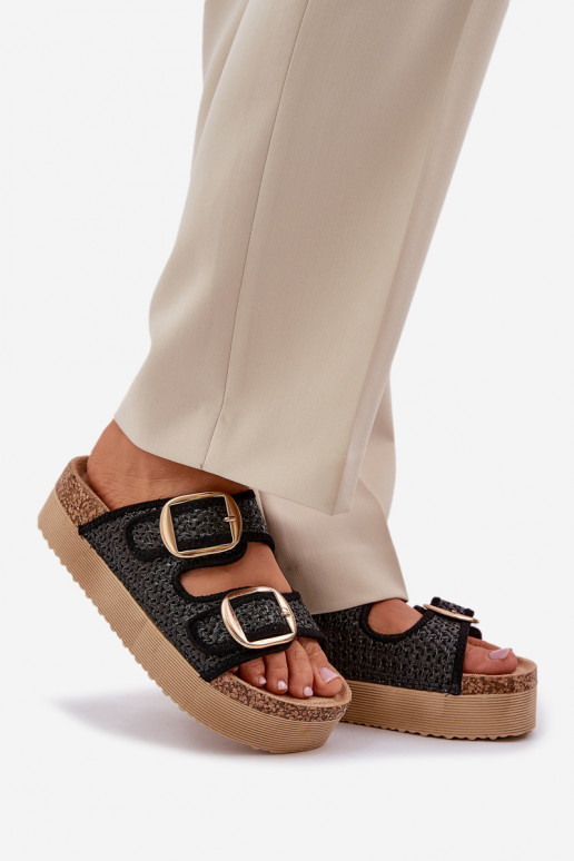 Hausschuhe Mit Zopf I mit Schnallenmi mit einer Plattform schZuarze Farbe Aralissea