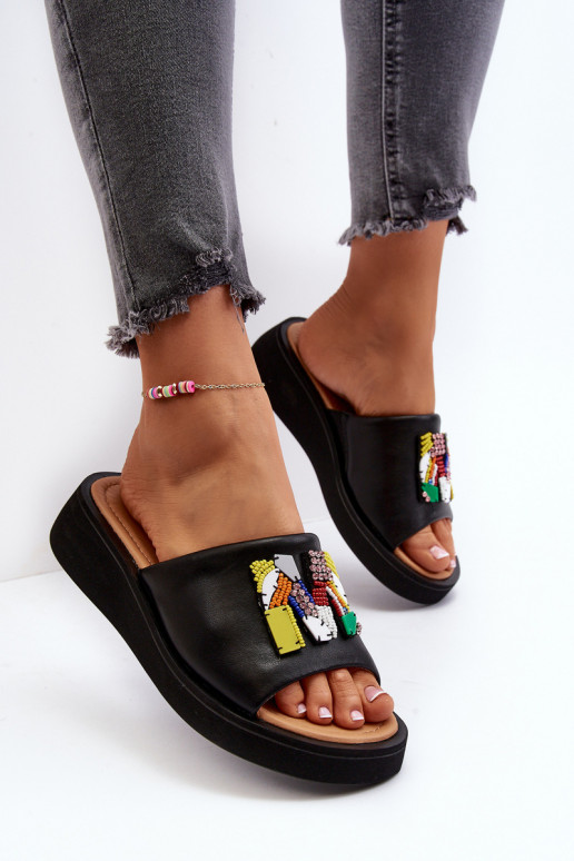 Lederhausschuhe Feminin mit Ornamenten schZuarze Farbe Asames Lederhausschuhe Feminin mit Ornamenten schZuarze Farbe Asames