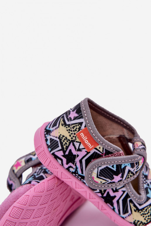 Hausschuhe Milami Kindisch mit Klebeverschlüssen grau-pinke Farbe Jasimrra