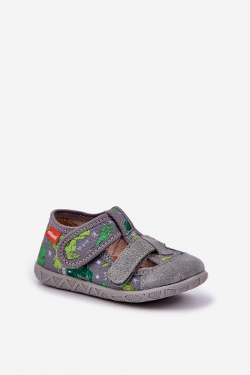 Milami Kinder-Slipper mit Klettverschluss IN Dinosaurier grau-grüne Farbe Reathiana