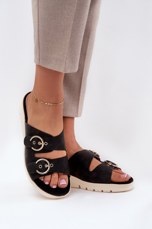  Damenhausschuhe Auf einem Keil mit Schnallen schZuarze Farbe Hellexia