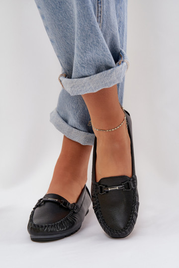 S.Barski LR51-547 schwarze flache Mokassins aus Leder mit Ornamenten