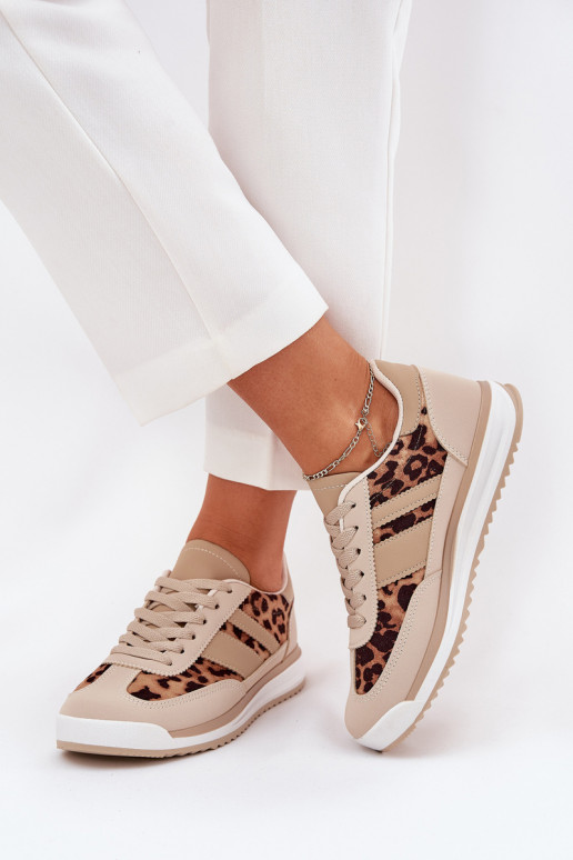 Turnschuhe Sneakers Stilvollllschuhe Feminin mit Leopardenfellmuster Beige-braune Farbe Galabis