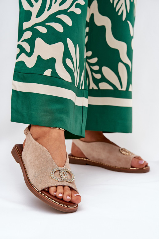 Damensandalen mit Ornamenten mit breiten Absätzen aus Öko-INildlederoZue Beige Ralisses