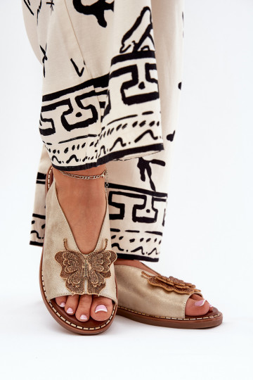 Damensandalen mit breiten Absätzen mit Ornamenten goldene Farbe Setorina