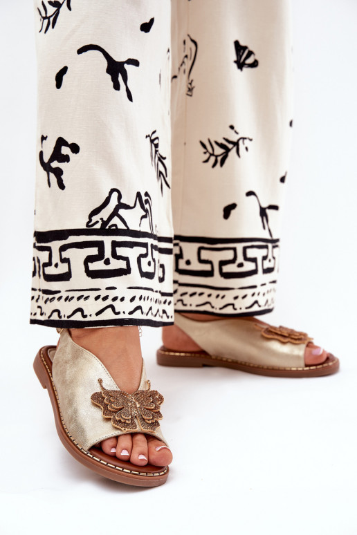 Damensandalen mit breiten Absätzen mit Ornamenten goldene Farbe Setorina Damensandalen mit breiten Absätzen mit Ornamenten goldene Farbe Setorina