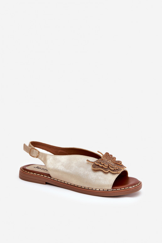 Damensandalen mit breiten Absätzen mit Ornamenten goldene Farbe Setorina Damensandalen mit breiten Absätzen mit Ornamenten goldene Farbe Setorina