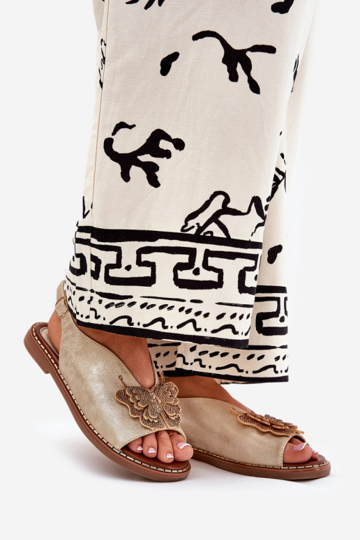 Damensandalen mit breiten Absätzen mit Ornamenten goldene Farbe Setorina Damensandalen mit breiten Absätzen mit Ornamenten goldene Farbe Setorina