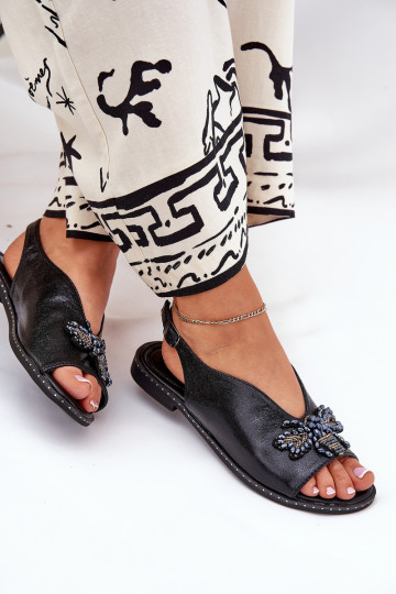 mit Glanz Damensandalen mit Ornamenten gleichschenklig schZuarze Farbe Russona