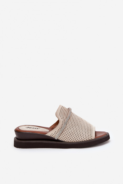 Damenhausschuhe Auf einem Keil Mit Zierband Beige TeriZues