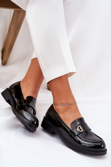 Lackierte Mokassins Feminin Mit Herz S.Barski HY51-379 schZuarze Farbe