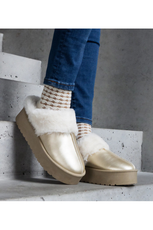 Goldene Hausschuhe auf Plateau mit...