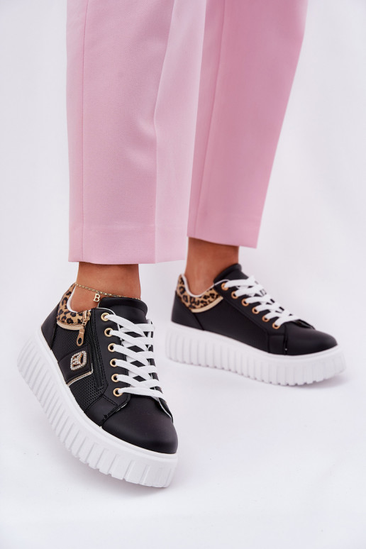 Turnschuhe Feminin mit einer Plattform aus Öko-Leder mit Leopardenfellmuster schZuarze Farbe Velionna