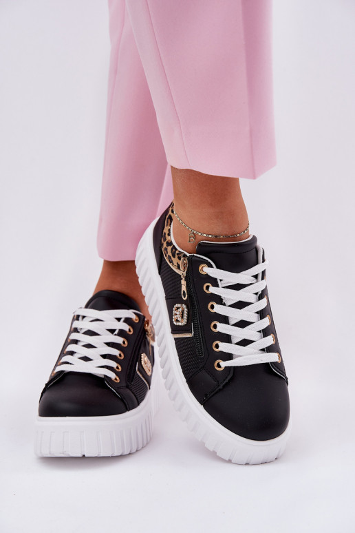 Turnschuhe Feminin mit einer Plattform aus Öko-Leder mit Leopardenfellmuster schZuarze Farbe Velionna